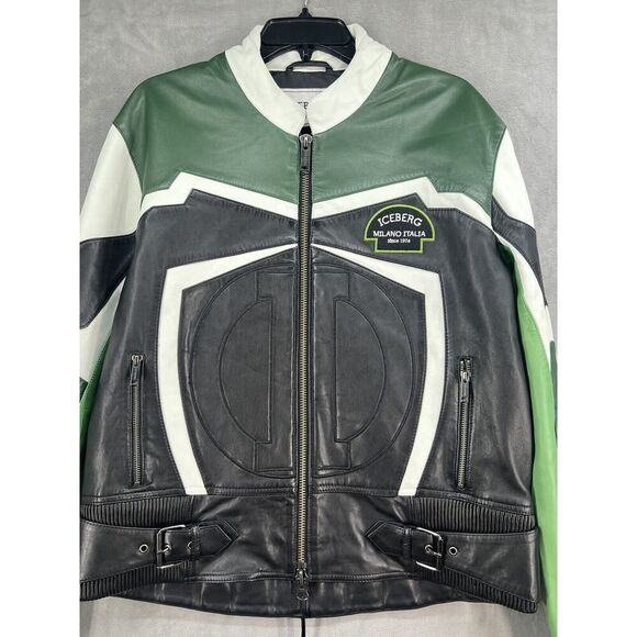 ICEBERG Leather Biker Jacket Size EU 44 Full Zip Men’s Jacket Green Black - Picture 5 of 16